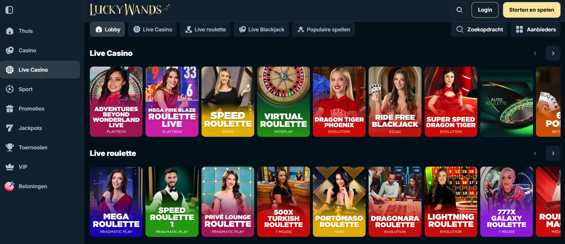 LuckyWands homepage met navigatie en lobbystructuur