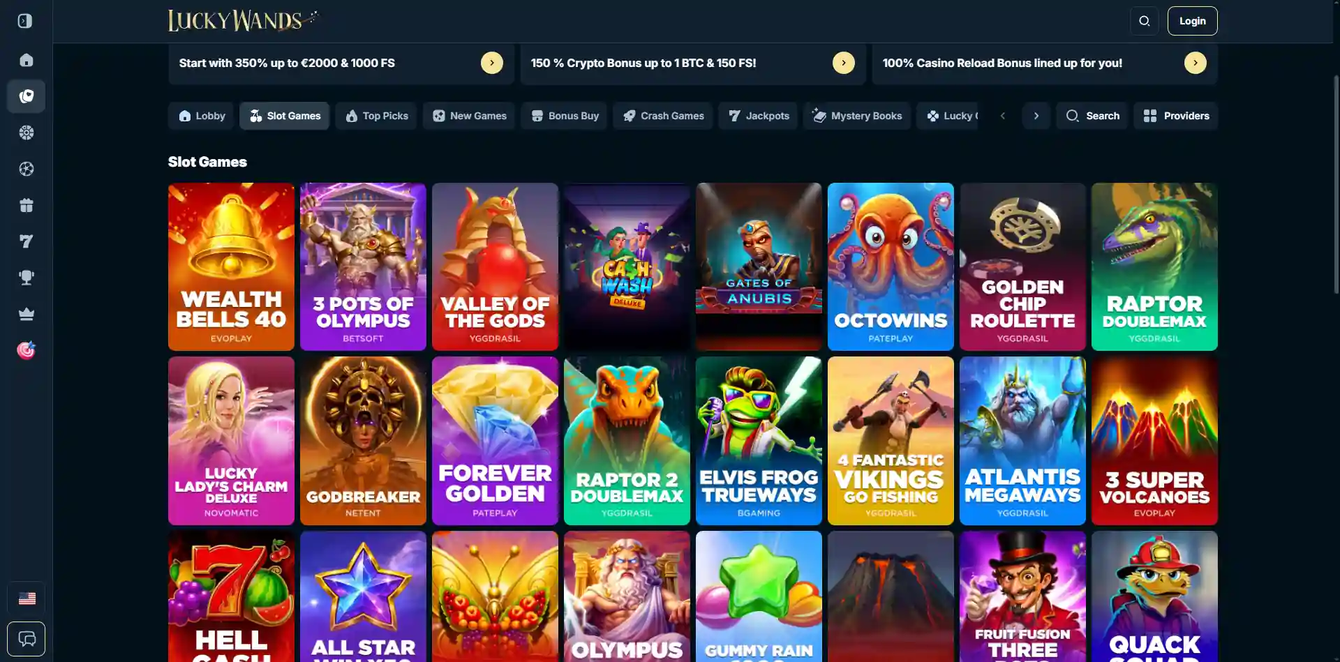 LuckyWands spellobby met categorieen en spelaanbieders