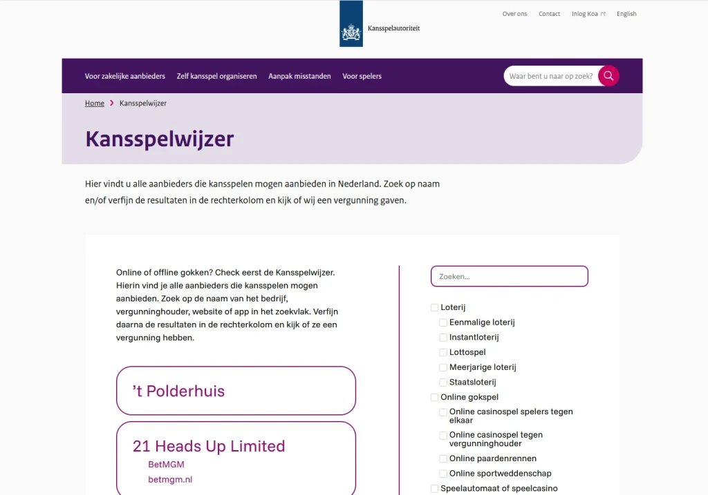 Kansspelwijzer van de Kansspelautoriteit voor controle van Nederlandse vergunningen