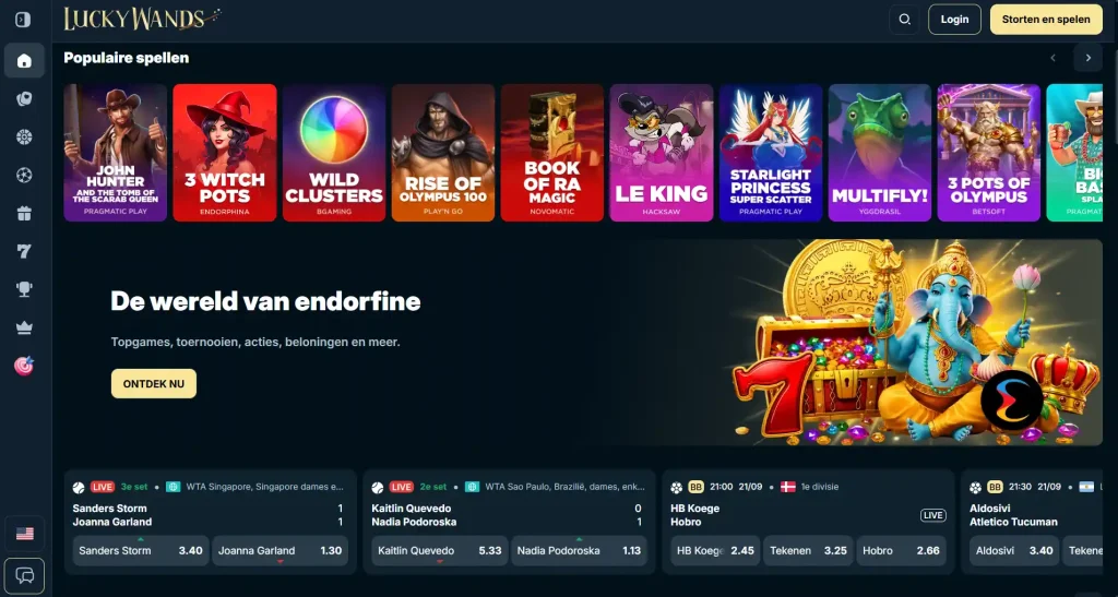LuckyWands homepage of lobby weergegeven in een mobiele browser