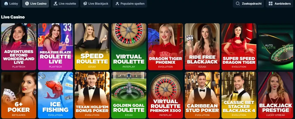LuckyWands live-casinolobby met zichtbare categorieën en tafels