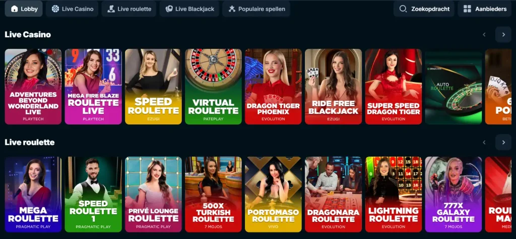 LuckyWands spellobby met categorieën en spelaanbieders